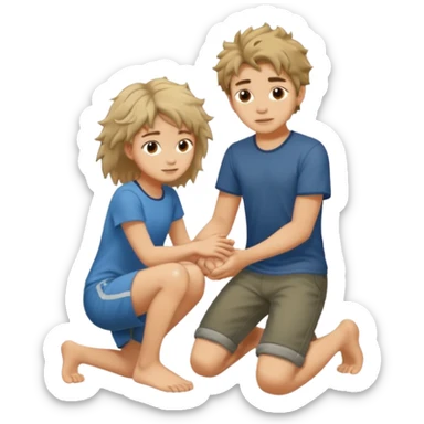 barefooted boy with messy hair putting his foot on a kneeling girl sticker
