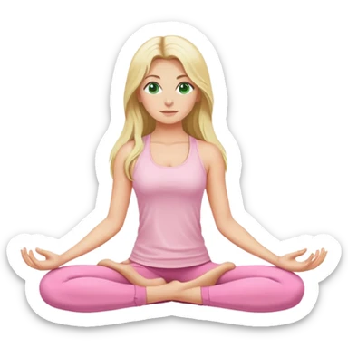 Long haired blonde with dark green eyes yoga girl light pink clothes n sticker