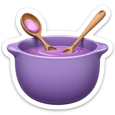 a lilac ceramic mixing bowl with a wooden spoon stirring sticker