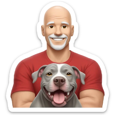 large gray male pit bull smiling and hugging bald white mature man with red tshirt sticker