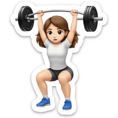 A girl with light skin, big eyes, long brown hair and wearing a white shirt is doing an overhead squat with a lot of weight on the barbell sticker