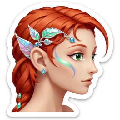 portrait of red haired Elvish fae shiny sparkly iridescent translucent diaphanous ear climber ear cuff sticker