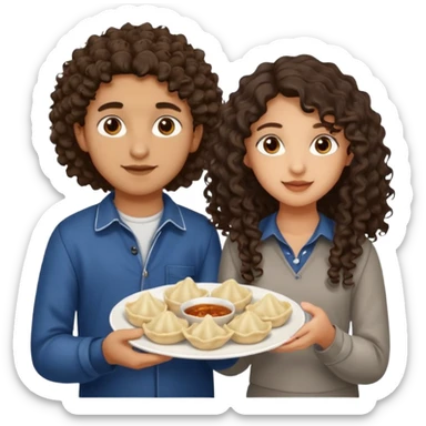 Can you create an emoji of three 23 year olds eating dumplings. One boy with wavy curly hair and one Jewish girl with long dark brown curly hair and one half Indian / half white girl with mid length straight dark brown hair. All brown eyes sticker