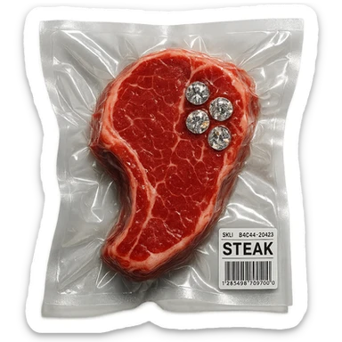juicy steak with diamonds on top, shiny and inflated, vacuum-sealed style sticker