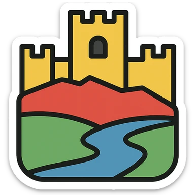 color outline icon of Mértola with castle silhouette and river sticker