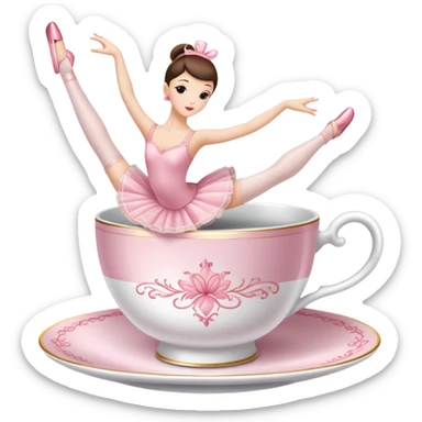 Elegant china tea cup with saucer wearing pink ballet slippers and performing an arabesque sticker