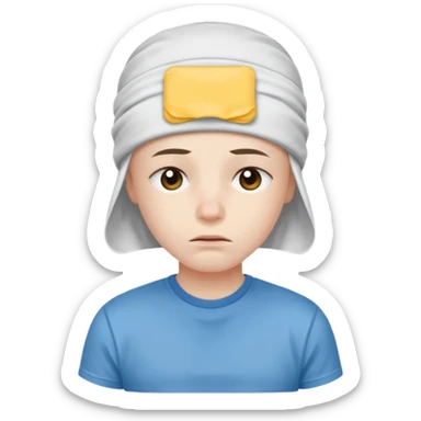 A person with headaches and a cold pack on the head sticker