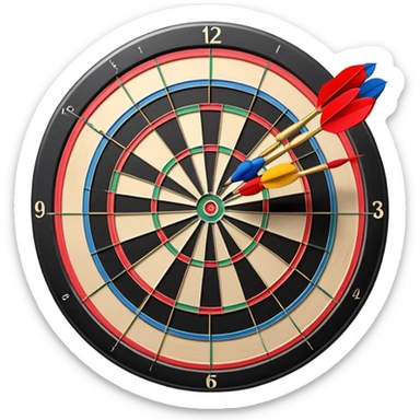A dartboard with darts firmly stuck in the bullseye, surrounded by the colorful sections of the target. The background conveys a competitive atmosphere, with a subtle focus on precision and skill in the game of darts. sticker