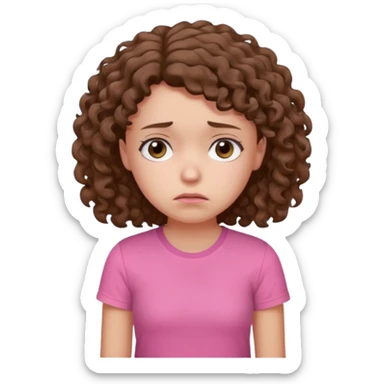 Young girl with curly hair and a pink T-shirt, looking sad and discouraged sticker