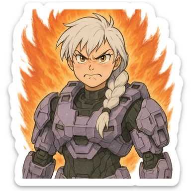 making an angry scowl, frown closed mouth, rage face, rage aura,  female, wearing reach spartan armor shoulder-unequip, long white braid hair with massive messy front side single bangs, gold yellow eyes, attention pose, D-cup size, HALO:series, no helmet, the armor is lavender color scheme, sticker