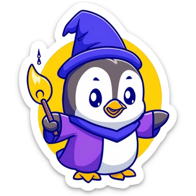 a cute penguin wearing a purple wizard robe and blue wizard hat, casting a spell sticker