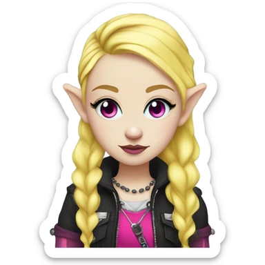 Blue eyed long eye lashes blonde  pale hime gyaru girl, hot pink and yellow split-dyed hair, nose ring, elf ears, dark makeup, punk clothes sticker