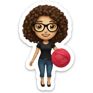 pretty Hispanic woman that has long brown curly hair holding one ball of yarn with both hands wearing a black shirt and black glasses sticker