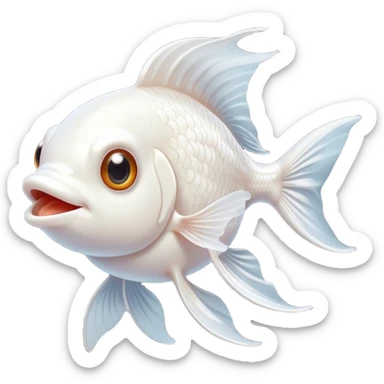 Cinematic Comical White Goldfish Portrait Emoji, Head tilted dramatically with an exaggeratedly amused expression, featuring a striking, glossy pure white body with elegantly fluttering fins, wide, expressive pale eyes filled with playful disbelief, Simplified yet hilariously expressive features, highly detailed, glowing with a slightly sassy glow, high shine, dramatic yet playful, stylized with an air of cheeky mischief, bright and endearing, soft glowing outline, capturing the essence of a spirited and over-the-top goldfish, so meme-worthy it feels like it could side-eye its way into internet fame instantly! sticker
