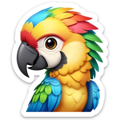Cinematic Cute Macaw Portrait Emoji, Head tilted playfully and inquisitively, with a dazzling array of colorful plumage and round, sparkling eyes filled with charm, Simplified yet irresistibly adorable features, highly detailed, glowing with a warm, friendly tropical glow, high shine, affectionate and lively, stylized with a touch of whimsical vibrancy, bright and endearing, soft glowing outline, capturing the essence of a mischievous yet loving parrot that seems as if it could flutter out of the screen into your arms! sticker