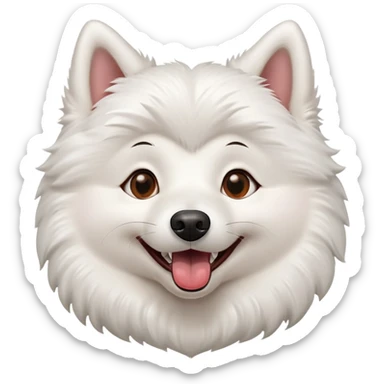 white American Eskimo dog with happy expression. mouth is open with tongue visible and tips of canine teeth visible. ruff is in a heart shape. eyes are almond shaped with brown eyes and black rimmed eyes. emoji depicts the head and ruff of the dog. dog is a girl  sticker