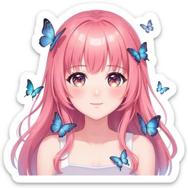 gorgeous shiny blushing anime lady with butterflies and beautiful hair fairycore high quality detailed vogue trending aesthetic sticker