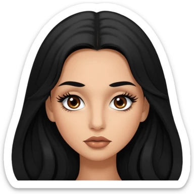 Lightly tan woman with black long hair brown eyes full lips and dramatic long dark eyelash extensions and a small mole on her upper left cheek sticker