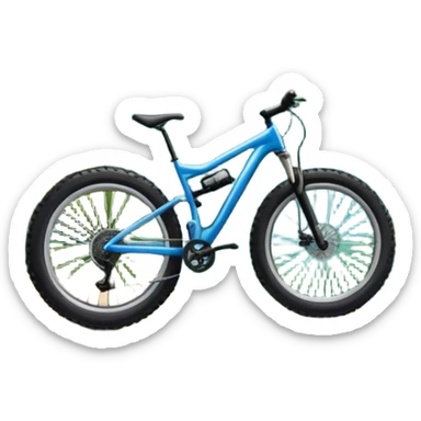 An icon featuring a mountain bike with wide tires, positioned on a forest trail or rocky mountain road. The background shows dense trees, steep slopes, and distant peaks under a clear blue sky. Transparent background highlights the thrill and rugged beauty of mountain biking. sticker