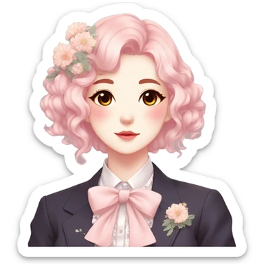 Gorgeous pastel anime style lady with blushing face and flowers and laces and bow ties and pretty hair aesthetic trending style sticker