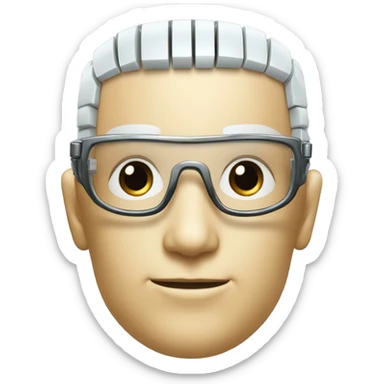 Robotic Cyborg head with fair skin, flat top haircut, rectangular glasses, circuits and smiling  sticker