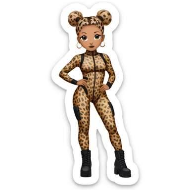 Melanie Brown with her hair in space buns and wearing a tight leopard print two piece bodysuit and black combat boots sticker
