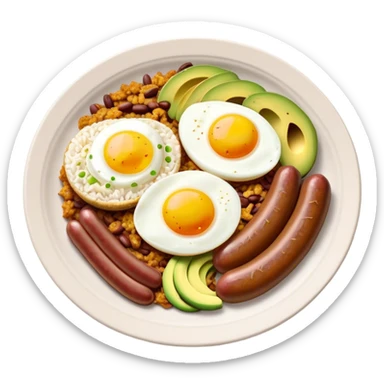 Bandeja Paisa Cinematic Realistic Bandeja Paisa Dish Emoji, depicted as a hearty platter featuring rice, beans, avocado slices, one sausage, a perfectly cooked egg, and crispy pork crackle, rendered with vivid textures and robust, inviting lighting. sticker