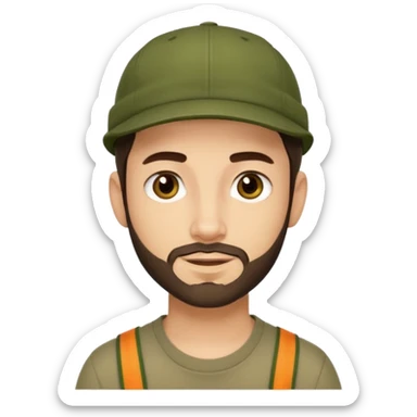 Apple emoji style young man with light skin, short stubble beard, dark eyes, olive green cap, dark brown hair. Clean shapes, soft gradients, friendly expression. sticker