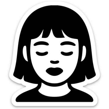 A young Asian woman with short, dark brown hair with bangs, neutral facial expression, closed eyes, vibrant red lips, light beige skin tone, close-up portrait, plain white background, cartoon-like and stylized, bright and saturated colors, even and flat lighting, neutral atmosphere, solid style. sticker