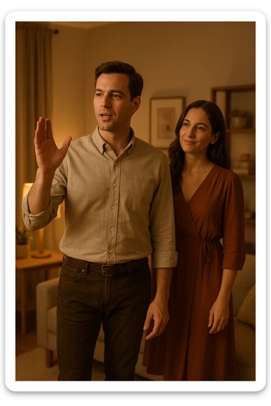 a woman stands slightly behind a man in a domestic setting, looking at him con fiducia e attesa. Il man is upright, with a confident and decisive posture, gently gesturing as if giving direction. The woman’s body language is relaxed and receptive, showing that she trusts and follows his lead. The background is warm and softly lit, emphasizing the couple’s dynamic. sticker