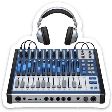 Create a professional and technical emoji that represents sound engineering. The design should feature a sound mixing console with faders, a pair of studio headphones, and audio waveforms to symbolize the precision and technicality of sound mixing and mastering. Include elements like a microphone or audio cables to reflect the recording aspect. Use colors like silver, black, and dark blue to represent the technical, yet artistic side of sound engineering. The background should be transparent. sticker