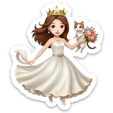 White woman - long hair - white wedding dress - holding a kitten - happy - jumping - stylish - elegant - bouquet - dreamy - colorful - wearing a crown - pearl accessories sticker
