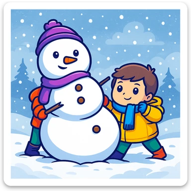 Add a snowy background behind the kids building a snowman, keep the original sticker style sticker