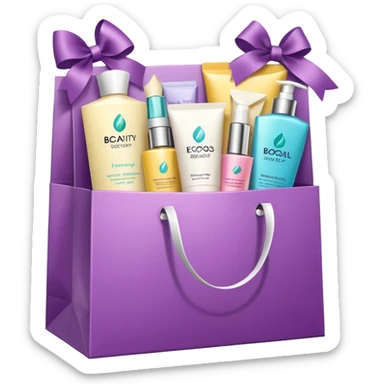 Gift bag with beauty products (shampoo, creams, styling products), a gift bag is beautyful open box full of luxury brand-labeled beauty products sticker