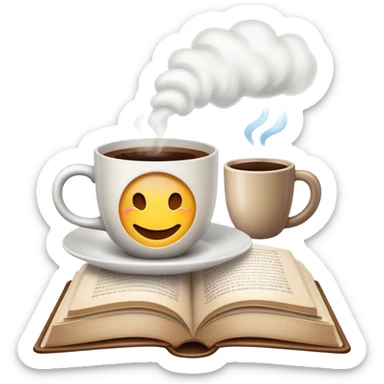 An emoji that combines a coffee cup and an open book. The coffee cup should be on the left side, with steam rising, and the book should be on the right side, with pages slightly turned. The overall vibe should feel cozy and inviting, perfect for a relaxed reading and coffee session. sticker