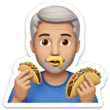White man, blue eyes, brown gray hair, gray goatee, eating a taco sticker