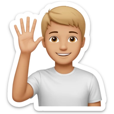 joven trigueño corte de pelo corto polera blanca sonrisa bonita saludando mano arriba sticker