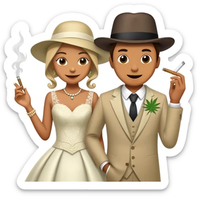 Person in fancy clothes sneaking into a wedding ceremony with a mischievous grin, uninvited guest, smoking cannabis sticker