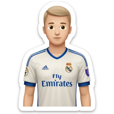 White male wearing Adidas Real Madrid jersey with Champions logo on sleeve and Fly Emirates on chest sticker