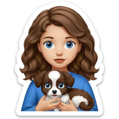 Baltic girl with light skin, wavy brown hair, blue eyes, holding a fluffy black and white dog, apple emoji style sticker
