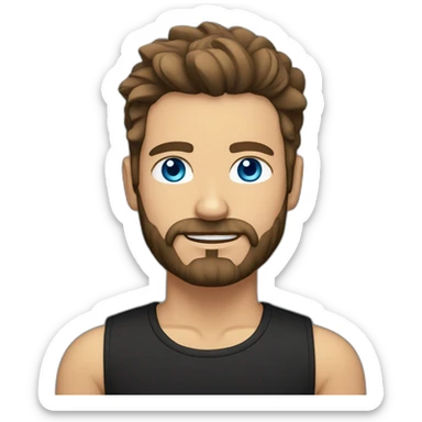 White man with a sun kissed tan and blue eyes. His hair is dark brown, styled sideways backwards. He has a beard and mustache trimmed. Wears a black t-shirt. sticker