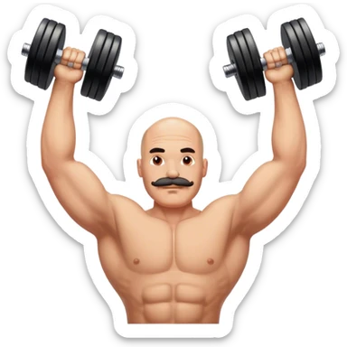 Bald man with mustache peeking around a big strong man overhead pressing dumbbells sticker