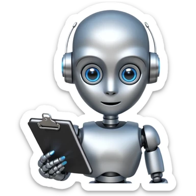 Portrait of a small humanoid robot with round head, metallic limbs, glowing eyes, holding a clipboard sticker
