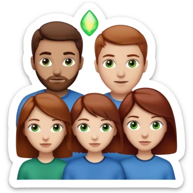 One woman with blue eyes, brown hair, light skin standing next to another woman with darker red brown hair, lighter skin, and green eyes, standing next to a man with no facial hair, blue eyes, and short brown hair sticker