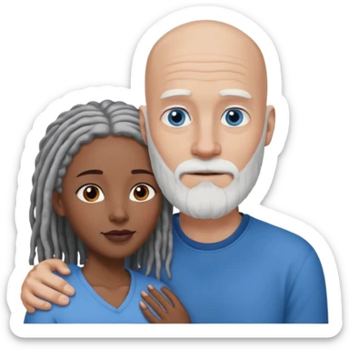 Tall bald white man with a white beard and blue eyes in a lovingly embrace with a black woman with brown eyes and grey hair dreads sticker