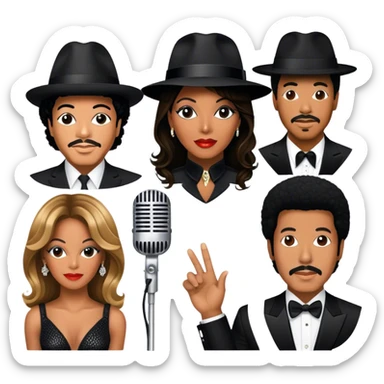 Icon for R&B Music: collage of iconic R&B artists—Michael Jackson, Beyoncé, Lionel Richie, Whitney Houston, and Barry White. Each artist represented by a silhouette or symbolic item (like a glove, microphone, or fedora). Transparent background. sticker