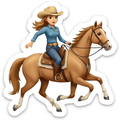 palomino horse running with a woman rider with brown hair and a cowboy hat sticker
