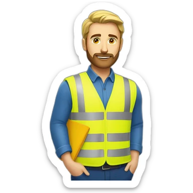 Ikea manager blue eyes beard with laptop and yellow security vest sticker