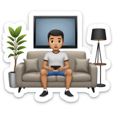 A man photographed from behind, sitting on a sofa and watching the news on TV on a modern flat screen. The setting is a living room. sticker