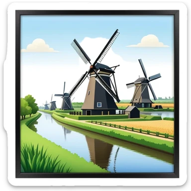 cinematic-realistic-kinderdijk-windmills-landmark-emoji,-showcasing-traditional-dutch-windmills-aligned-along-a-tranquil-canal,-with-lush-green-fields in a picture frame sticker